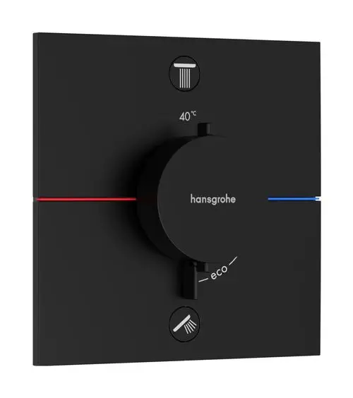 Schwarzes Thermostat mit zentralem Drehregler von Hansgrohe. Temperatureinstellung bis 40°C, Eco-Funktion und Symbole zur Benutzerführung. Montage für zwei Verbraucher.